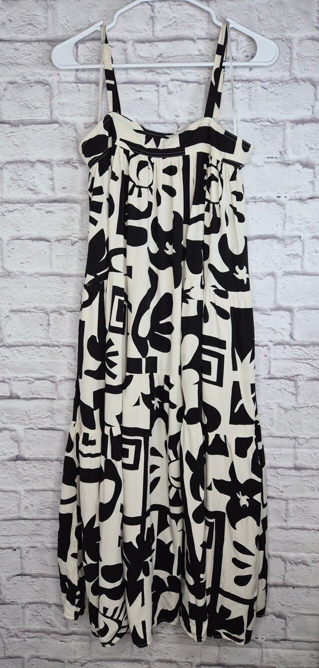 Abel The Label Tiered Maxi Dress Small Black White Abstract Boho Anthropologie